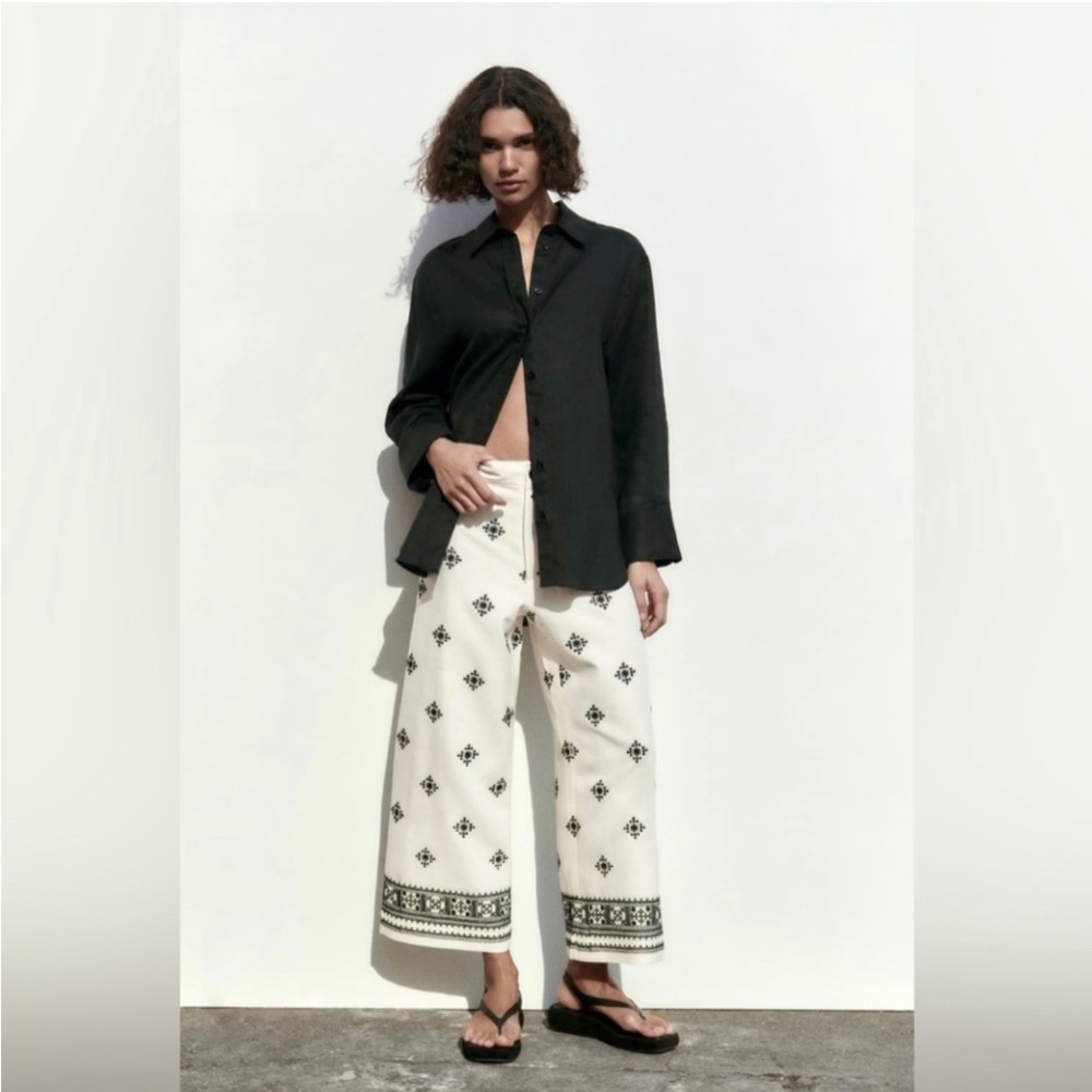 Zara wide leg black and white embroidered linen pants SMALL